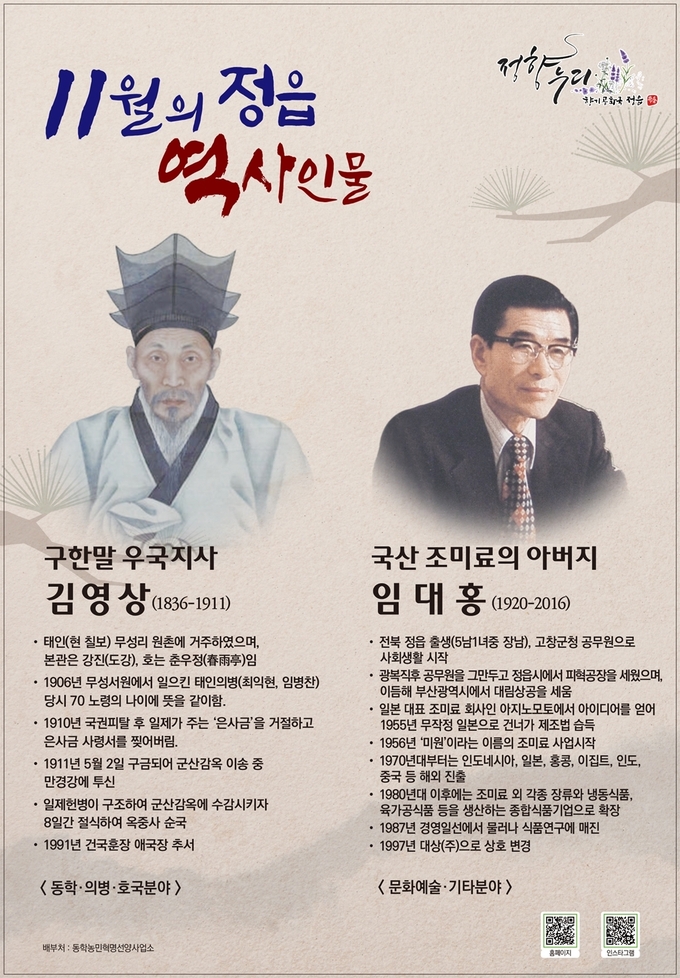 11월의 정읍 인물로 우국지사 ‘김영상’, 국산 조미료의 아버지 ‘임대홍’ 선정(사진=정읍시청)