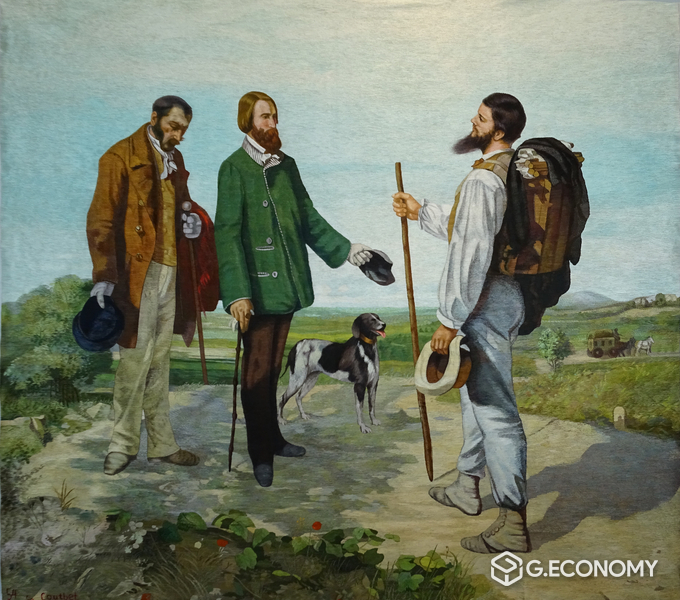 혼자수로 작업한 〈안녕하세요 쿠르베씨〉 쿠르베 작 Courbet 149x129cm 프랑스 몽펠리 파브르 미술관 