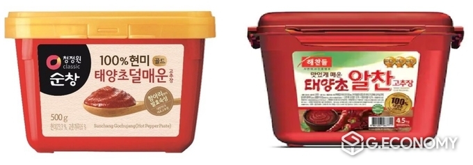대상 청정원 100%태양초진고추장(왼쪽)·CJ 해찬들 ‘맛있게 매운 태양초 알찬고추장(사진=쿠팡(왼쪽)·다나와)