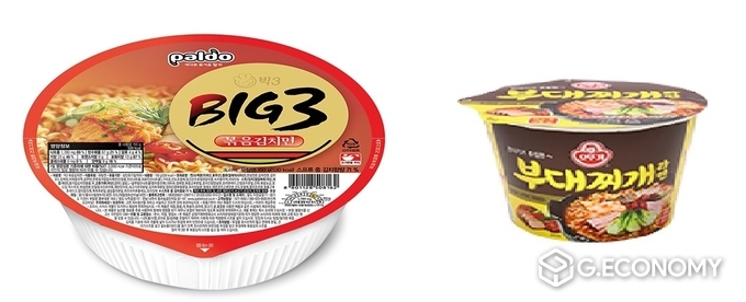 팔도 BIG3 볶음김치면(왼쪽)·오뚜기 부대찌개 컵라면(사진=팔도 오뚜기)