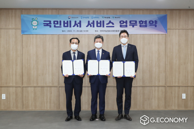 우리은행(은행장 이원덕)과 우리카드(사장 김정기)는 지난 25일 한국정보사회진흥원에서 행안부와 ‘국민비서’ 알림 서비스 업무협약을 체결했다. 우리은행 옥일진 부행장(오른쪽), 행정안전부 한창섭 차관(가운데), 우리카드 김정기 사장(왼쪽)이 협약식을 마치고 기념촬영을 하고 있다(사진=우리금융그룹)