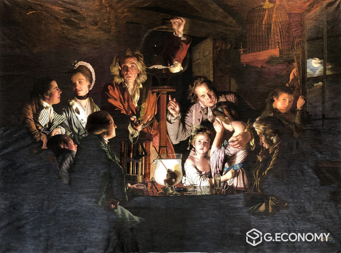 공기 펌프 속 새 실험 An Experiment on a Bird in the Air Pump by Joseph Wright<br>
조셉 라이트 Joseph Wright 1768년 작 244×183㎝ 런던 내셔널갤러리