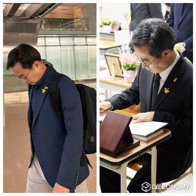 김동연 경기도지사가 세월호 참사 9주기인 16일 해외 출장 중에 추모 메시지를 전했다. 오른쪽 사진은 김동연 지사가 지난 8일 안산 단원고 4.16 기억교실을 찾아 방명록을 작성하고 있다.