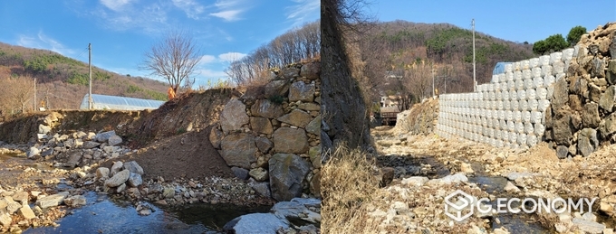 용인시가 지난해 폭우로 호안시설이 유실된 광교산소하천에 옹벽블럭을 설치했다. 왼쪽(준공 전), 오른쪽(준공 후)_용인시청 제공