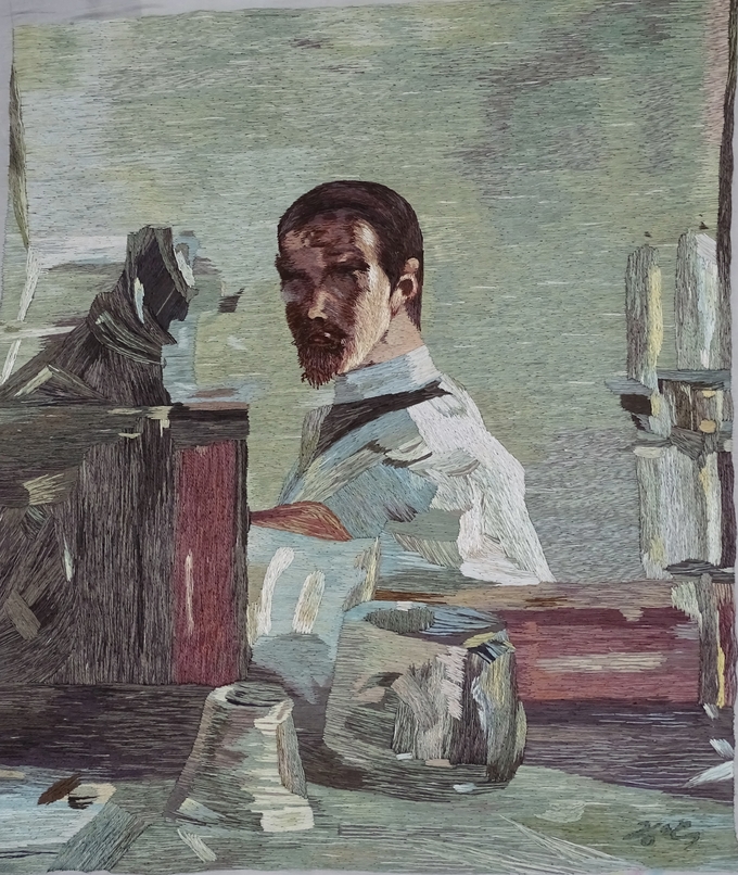 혼자수로 작업한 로트레크의 자화상 self portrait in front of a mirror 1883 46×38㎝ Musee Toulouse Lautrec