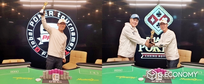 3일 열린 포커페이스(이하, PFGT) '제2회 PFGT 챌린지 이벤트 대회'에서 정찬화(왼쪽)이 트로피를 들어 올렸다. 2위를 차지한 개그맨 변기수(오른쪽)이 준우승 트로피를 받고 있다. 뉴스아이이에스