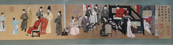 한희재야연도(韓熙載夜宴圖, The Night Revels of Han Xizai) 고굉중 작, 비단에 채색 두루마리, 28.7×335.5㎝ 북경고궁박물관<br>
이용주 작가가 원작과 같은 크기로 혼자수 작업했다. (본래 좌우로 길게 붙은 작품을 지면관계상 상중하 3단으로 배열함, 편집자 주)
