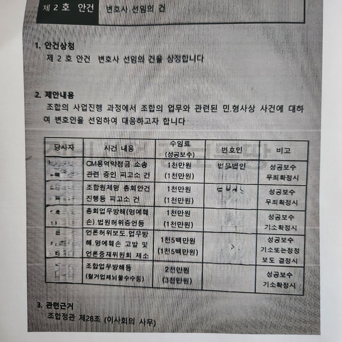 정금식 조합장은 본인 관련 소송에 변호사 선임료 등으로 조합 돈 10억 원을 쓰고 있다. 