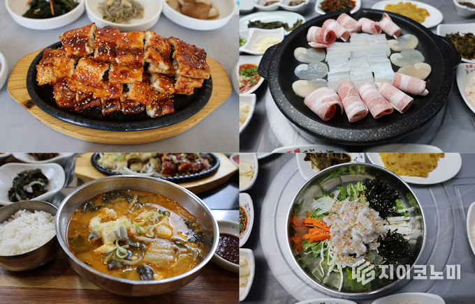 녹동장어거리의 대표 메뉴, 불장어튀김, 장어탕, 장어비빔밥, 장어구이/고흥군 제공