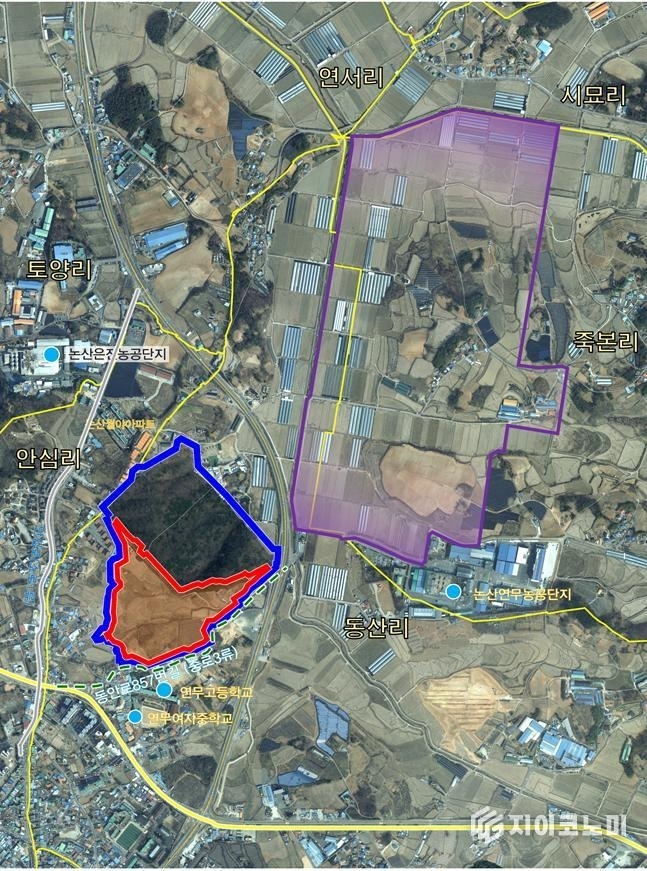 충남도는 논산시 연무읍 동산리 일원, 토지거래허가구역 지정 공고