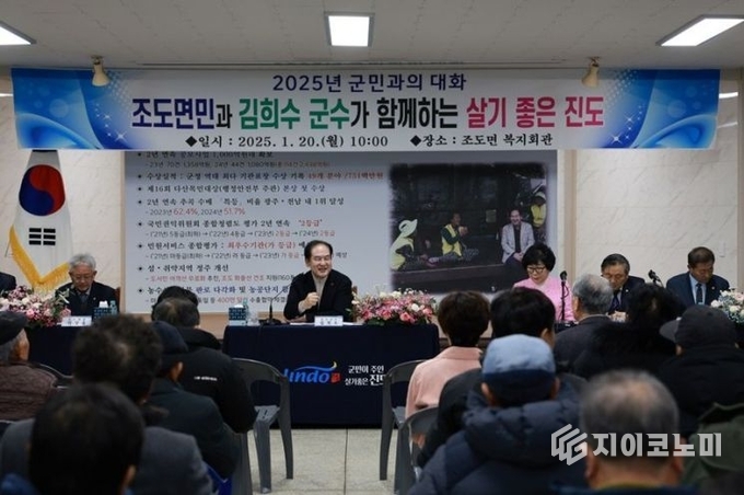 김희수 군수가 조도면 복지회관에서 군민과 대화를 하고 있다. 진도군 제공
