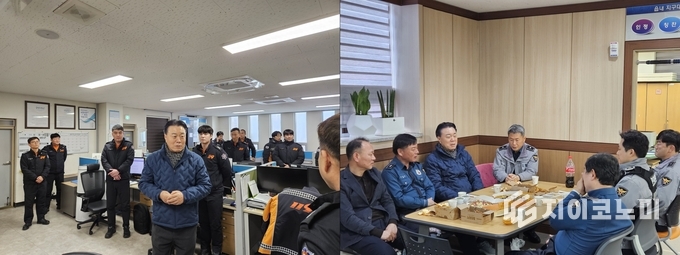 좌측은 구복규 화순군수가 읍내지구대를 방문하여 경찰관들을 격려하는 모습, 우측은 구 군수가 현장에 방문해 따뜻한 응원의 메시지를 전하는 장면. 화순군 제공