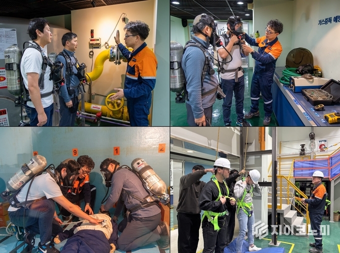 광양제철소 안전문화체험관에서 진행된 중량물 취급 안전체험 및 가스안전·밀폐공간 체험 교육 현장. 광양제철소 제공