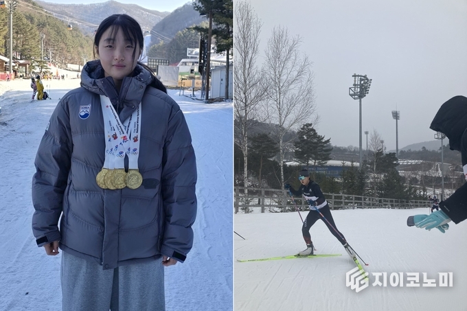 사진 왼쪽 스키 전 종목에서 금메달을 획득한 강다현 학생과 크로스컨트리 스키 프리7.5km에서 역주하고 있는 조다은 학생사진(조다은 학생은 크로스컨트리 스키 프리7.5km에서 역주하며, 강다현 학생은 알파인 스키 전 종목에서 금메달을 획득했다.) 전라남도교육청 제공