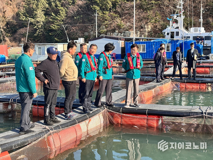 정기명 여수시장이 저수온 피해 양식어가를 방문해 피해 상황 및 애로사항을 청취하고 있다. 여수시 제공