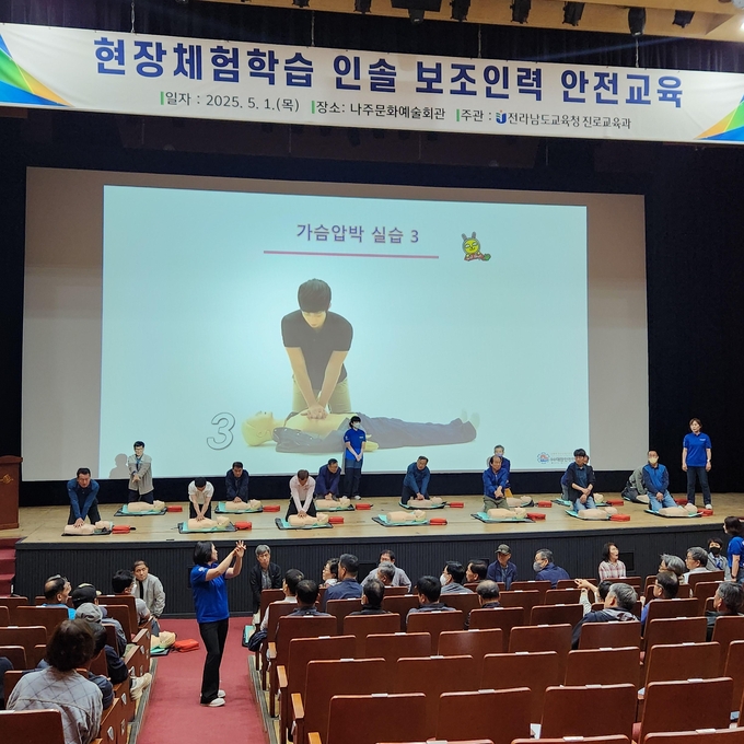 전남교육청이 체험학습 인솔 보조인력 450명 대상 안전교육을 실시하며 교사 부담 덜기에 나섰다. 전남교육청 제공