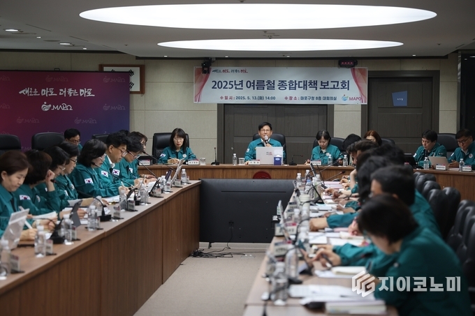 2025년 여름철 종합대책 보고회에서 안전에 대한 당부의 말씀을 전하는 박강수 마포구청장. 마포구 제공.