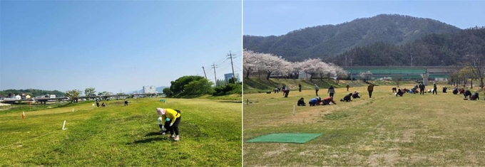 장흥파크골프협회 회원들이 화학약품 없이 자연 친화적인 환경정화 활동을 펼치고 있다. 장흥군 제공