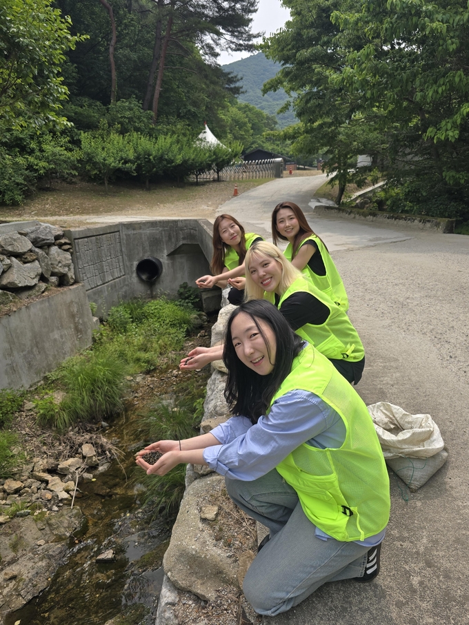 다슬기 계곡 방류에 동참한 참가자들이 방류를 하고 있다. (사진=㈔푸른환경실천협의회)