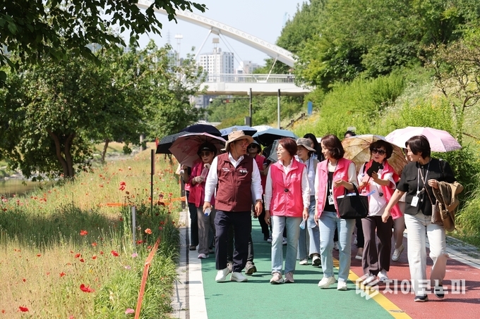  마포 환경학교 프로그램으로 월드컵천 생태탐방을 진행하고 있다.