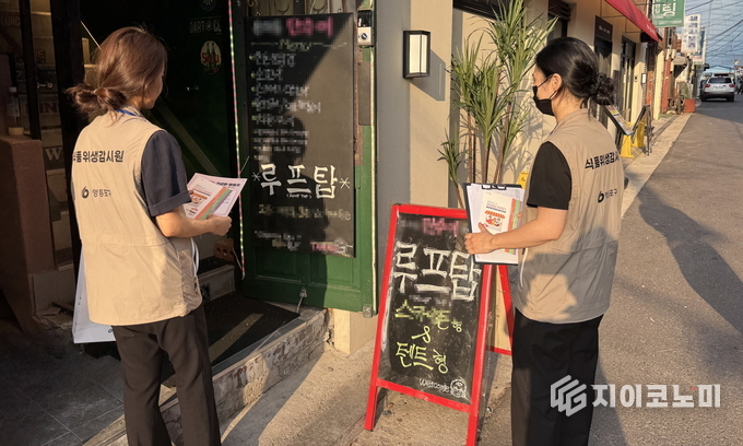 옥외영업 바로알기 안내문을 배포하는 모습. 영등포구 제공.