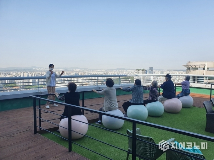 삼성노블카운티가 기존의 활동적인 시니어 중심 프로그램을 넘어서, 허약기 또는 일상 동작이 제한 된 입주자를 위한 맞춤형 건강지원 시스템을 도입했다.(웰빙운동웰빙센터 테라스) /사진=노블카운티<br>

