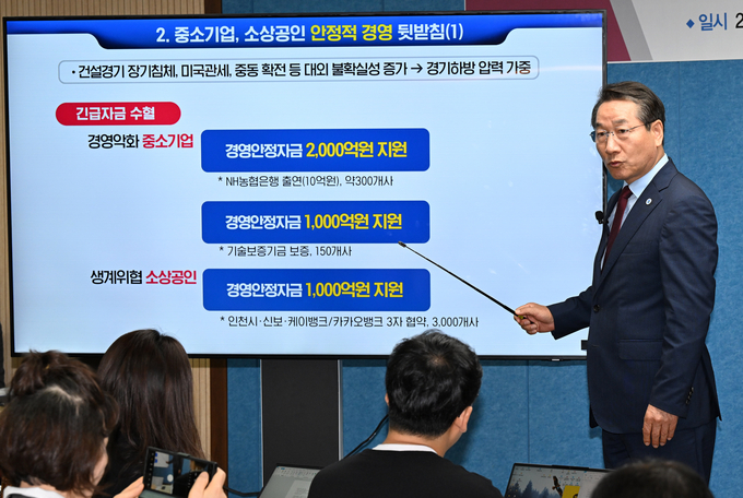 유정복 시장이 브리핑룸에서 긴급 민생경제 안정 대책을 설명하고 있다. (사진=인천광역시)