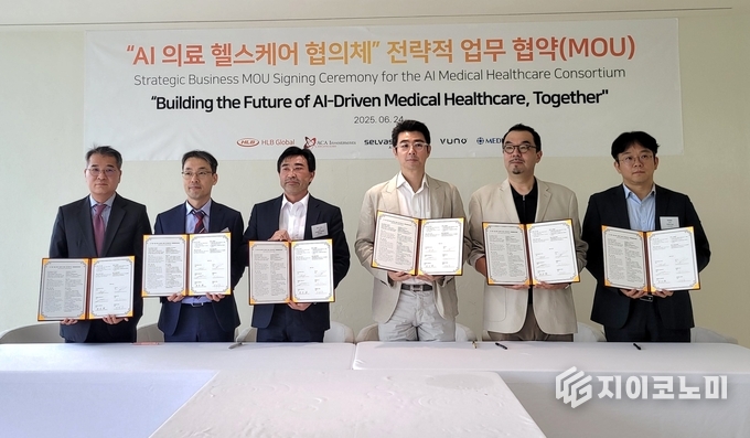 ‘AI 의료 헬스케어 협의체’ 출범을 위한 업무 협약식이 김광재 HLB글로벌 대표(왼쪽부터), 김동민 제이엘케이 대표, ACA 아즈마 아키히로 회장, 곽민철 메디아나•셀바스AI 대표, 윤승현 셀바스AI 사장, 이예하 뷰노 대표가 참석한 가운데 거행됐다. 사진=HLB글로벌