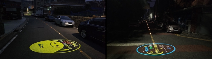 문수동과 화장동에 설치된 로고젝터와 솔라표지병이 밤길을 밝히고 있다. 여수시 제공