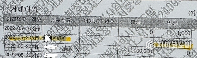 2022년 5월 20일, S이엔지에서 지종원 조합장 개인 명의의 새마을금고 조합통장으로 3억 원이 입금된 것이 확인됐다.