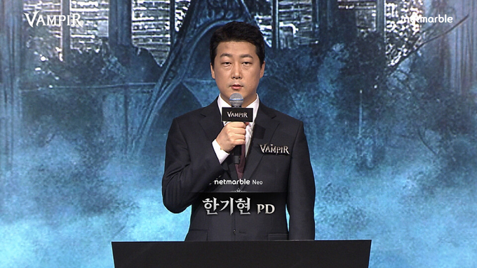 29일 열린 뱀파이어 컨셉의 신작 MMORPG '뱀피르'의 온라인 쇼케이스에서 한기현 넷마블네오 뱀피르 PD가 발표하고 있다.