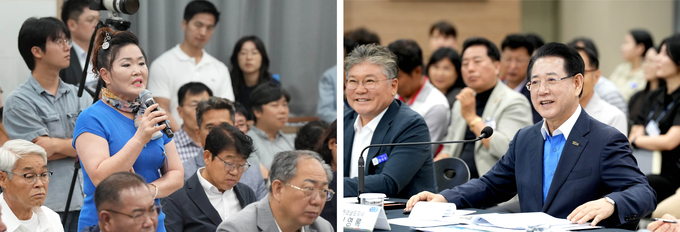 김영록 전라남도지사가 29일 영광군청에서 열린 ‘영광군 정책비전 투어’ 행사에서 정책현안에 대한 토론을 주재하고 참석자들의 정책제안 및 쪽지 건의 등에 대한 질문에 답변을 하고 있다. 전남도 제공