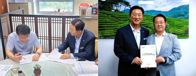 김한종 장성군수가 국회를 방문해 서삼석 국회의원(사진 왼쪽)과 문금주 의원을 만나 지역 주요 현안인 3대 전략사업에 대해 설명하고 있다. 장성군 제공