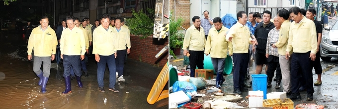 김영록 전남지사가 무안·함평 침수 피해 현장을 찾아 직접 피해 상황을 점검하고 신속한 복구를 당부하고 있다. 전남도 제공