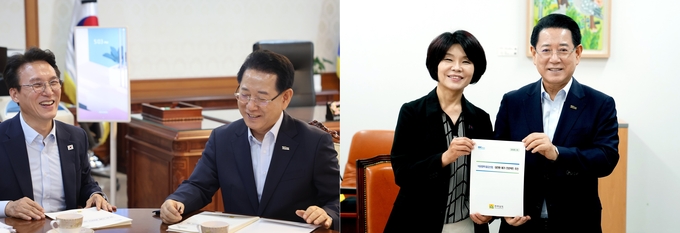 김영록 전라남도지사가 11일 서울에서 김민석 국무총리와 면담을 갖고 전남도 주요 현안에 대해 의견을 나누고 있다.(왼쪽) 같은 날 한정애 더불어민주당 정책위원회 의장과 면담 중인 김영록 지사가 전남 핵심 사업 추진을 위한 협조를 요청하고 있다. 전라남도 제공