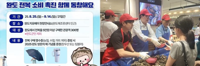 완도군이 서울 강남 롯데백화점에서 전복 소비 촉진을 위한 특별 행사를 진행, 박지원 국회의원과 신우철 완도군수가 전복을 직접 손질하며 소비자와 소통했다. 완도군 제공