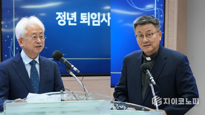 26일 한세대학교가 교무처 주관으로 2025년 상반기 교원 정년 퇴임식을 학교 예루살렘홀에서 개최했다.(▲유대현 교수(왼쪽부터). 김필승 교수). /사진=한세대<br>
