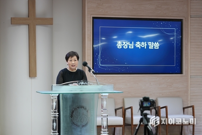 26일 한세대학교가 교무처 주관으로 2025년 상반기 교원 정년 퇴임식을 학교 예루살렘홀에서 개최했다.(▲백인자 총장). /사진=한세대<br>
