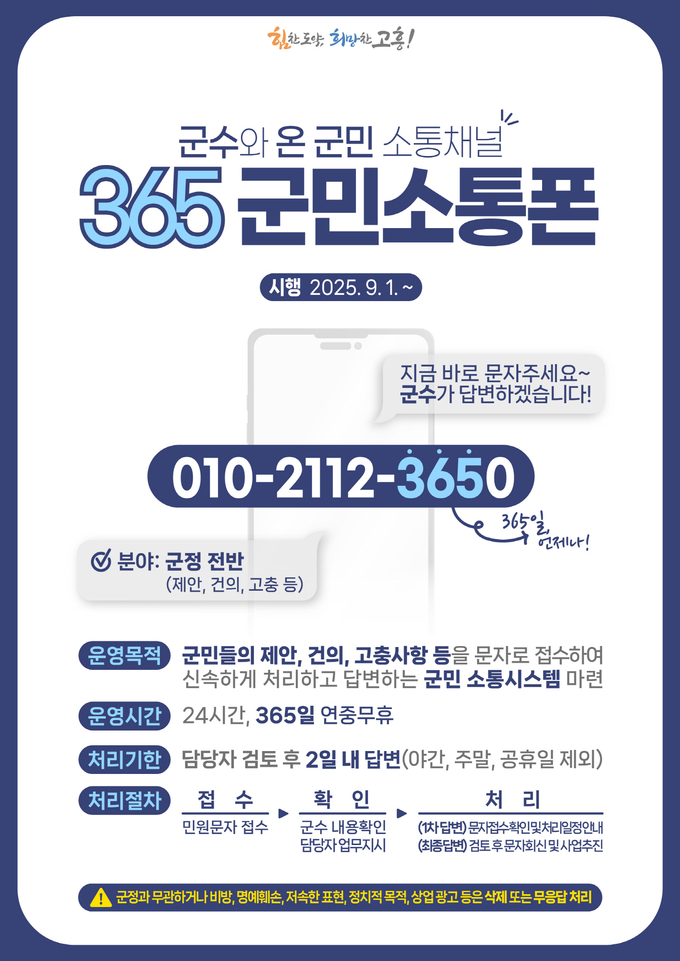  고흥군, 군수와 온 군민 소통 채널 '365 군민소통폰'개통. 고흥군 제공