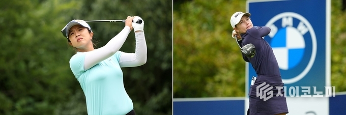 김세영과 브룩 매튜스(미국)가 17일 전남 해남군 파인비치 골프링크스에서 열린 LPGA 투어 ‘BMW 레이디스 챔피언십’ 2라운드에서 드라이브 샷을 하고 있다.