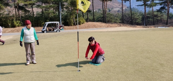 김인숙 씨가 자신이 친 공이 홀 안에 있는 것을 확인하고 난 뒤 엎드려 절하고 있다.
