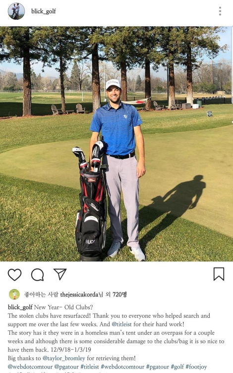 잃어버렸던 클럽과 골프백을 찾았다고 인스타그램에 올린 블릭. 사진=연합뉴스