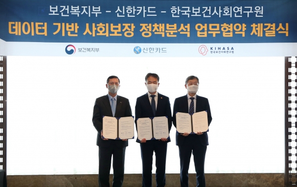 신한카드는 보건복지부, 한국보건사회연구원과 함께 데이터 기반의 사회보장 정책 분석 강화를 위한 업무협약(MOU)을 체결했다고 14일 밝혔다. 이번 협약식은 (왼쪽부터) 임영진 신한카드 사장, 박능후 보건복지부 장관, 조흥식 한국보건사회연구원장 등 관계자들이 참석한 가운데 서울 중구 소재 웨스틴조선호텔에서 진행됐다.
